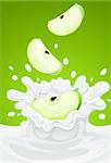 green apples falling into the milk with splash - vector illustration