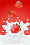 red strawberry fruits falling into the milky splash - vector illustration