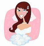 Beautiful happy bride in white with roses. Vector Illustration of bride in retro style.