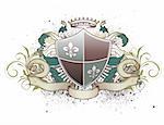 Vector illustration of heraldic shield or badge with crown, banner, grunge and floral elements