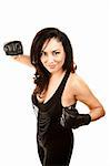 Beautiful Latina Woman with Dark Hair on Wearing Boxing Gloves