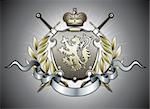Vector illustration of heraldic shield or badge with two swords, golden lion, crown, banner and floral elements