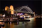 Low angle night view of Sydney Harbour Bridge in Austraila. Horizontal shot.