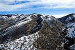 Aerial view of mountain peaks covered in snow and trees. Horizontal shot.