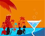 Beach party people in night pool. Vector illustration in retro style. Beautiful blue - red vibrant colors!