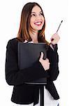 Business women carrying her file and thinking by raising her pen upwards on a white background