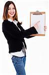 Business women pointing on a blank clip board on isolated background
