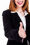 Business women welcome you with open hand on a white background