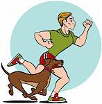 Cartoon of a man running with his dog isolated on a white background.