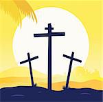 Calvary sunset scene with crosses. Jesus crucifixion. Vector Illustration.