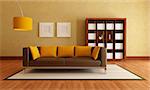 brown modern couch and wood bookcase in a living room - rendering