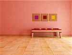 mediterranean interior with ethnic bench with colored cushion - rendering