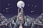 Panorama with medieval castle in the night. Cartoon and vector illustration