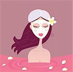 Beautiful spa girl relaxing in red bath. Vector Illustration.