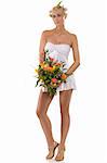 very cute and sexy blond woman with a short white dress and flowers as spring woman