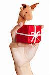 Female hand wearing a reindeer puppet, holding a christmas gift