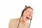 Laughing senior man on white background in knit cap