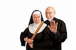Funny priest and nun with ruler on white background