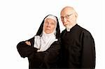 Funny priest and nun on white background