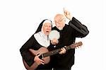 Angry musical priest and nun on white background