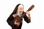 Funny singing nun with old guitar and religious habit