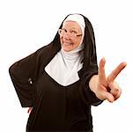 Funny nun making peace sign with her hand