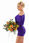 stunning blond woman with grat body wearing a violet dress with flower on head and a bouquet