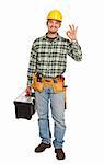 standing handyman with toolbox smile  isolated on white