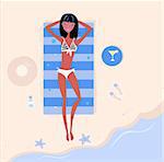 Illustration of a sexy girl lying on the beach and sunbathing. See more travel and vacation vector illustrations in my portfolio.