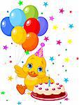 Cute Duckling with party hat  holding balloons