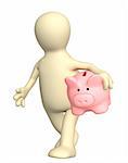 3d puppet, holding piggy bank. Over white