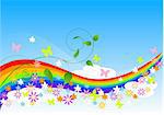 Abstract Spring Background with rainbow, flowers and butterflies