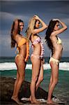 Three attractive young women wearing bikinis are standing in profile on rocks at the beach. Vertical shot.