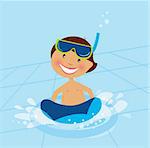 Vector Illustration of small happy boy swimming in cold pool. Pool behind boy is dynamic with perspective angle.