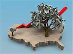 Cartoon illustrating a growing money tree on a map of the USA