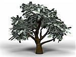 3D cartoon illustrating a money tree with 100 euro bills as leafs