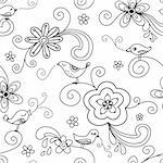 Seamless pattern with hand-drawn floral and bird elements.  Individual elements are easily editable.