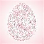 Egg shape hand-drawn greeting card design with floral, bird and vine elements.  Colors are grouped and easily editable.