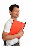 Happy smiling university or college student holding book and pen
