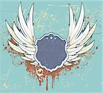 Vector illustration of grunge frame or badge  with two wings and floral elements