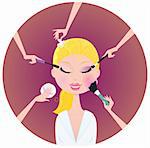 Beautiful blond woman in beauty salon. Mascara, blush sponge, powder and eye shadows - best way for perfect look! Stylized vector illustration.