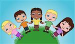 this is a vector illustration of a group of diverse kids holding hands on a hill.