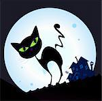 Silhouette of black cat with green eyes on the roof. Night town with full moon in background. Vector Illustration.