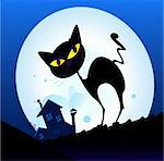 Silhouette of black cat with yellow eyes on the roof. Night town with full moon in background. Vector Illustration.