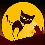 Spooky cat silhouette, old house mansion and yellow sunset in background. Vector Illustration.