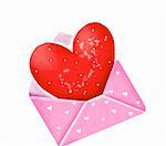 Red heart sign in the pink envelope isolated on white