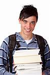Young student holding books and smiles happy into camera. Isolated on white.