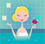 Hot lady with wine in whirpool. Lifestyle vector Illustration.