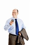 Middle-aged businessman sending a text message and smilling, isolated on white background