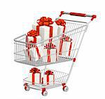 Shopping cart and gifts. Objects over white
